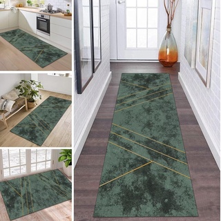 Teppich Läufer Lang Flur Küche rutschfest Waschbar Küchenläufer 80X300CM Grün Gold Modern Teppichmatten Polyester Korridor Teppichläufer Flur Wohnzimmer Schlafzimmer Schmutzfangmatte Küchenteppich