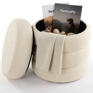 Arebos Sitzhocker mit Stauraum | Pouf | Rund | Bouclé | 120 kg | Schminkhocker, Hocker Schminktisch, Polsterhocker, Truhenhocker, Ottoman, aufklappbar, gepolstert, Ø 42 cm