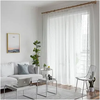 Mesnt Gardine Halbtransparent Leinen, Leinen Halbtransparenter, durchsichtiger Vorhang mit gesticktem Linienmuster, Weiß, H229 x B137 cm