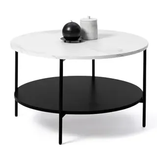 IDMarket - Couchtisch, rund, Doppelplatte, Alaska-Effekt, Marmor-Effekt und Holz, Schwarz, 70 cm