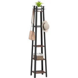 HOMCOM Garderobenständer, Kleiderständer mit 4 Ablagen und 8 Haken Garderobe Jackenständer im Industrie-Stil für Kleidung, Tasche und Hut, für Flur und Schlafzimmer Braun