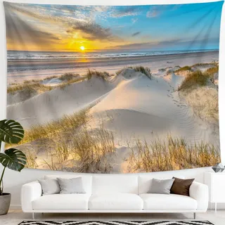 Aotiwe Wandtuch XXL Strand & Sonnenuntergang, Blau Wanddeko 350x256 cm | Hochwertiger Polyester Wandteppich mit Natur Meer Motiv. Perfekte Deko für Wohnzimmer & Schlafzimmer (350x256 cm).