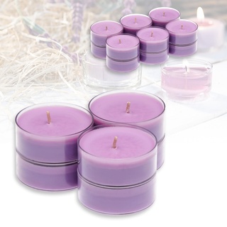 Candelo 12er Set XXL Duft Kerzen Ambiente - Vanille-Lavendel - Jumbo Teelicht in Kunststoff Hülle - 8 Std Brenndauer - Große Teelichter in Lila