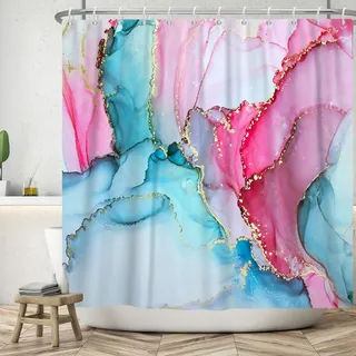 ASDCXZ Marmor Duschvorhang 180x180 cm, Modern Abstrakt Blau Rosenrot Gold Marmor Optik Textur Waschbar Bad Duschvorhänge Polyester Textil Wasserdicht Duschvorhang für Badewanne mit 12 Haken