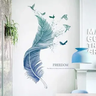 Wandtattoo Federn In Blau (124×72 Cm) I Dekorative Wandsticker Vögel Modernes Poster I Deko Für Wohnzimmer Schlafzimmer Küche Flur Möbel Bad Fliesen Erwachsene Teenager Kind