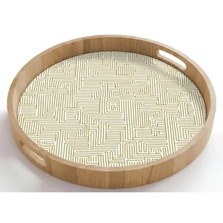 OnlyWow Tablett Rund mit Henkel Geometrisch - Linien - Grün, Eichenholz, (1-tlg), Servierbrett Groß, Tischdeko, Platte, Tisch Deko grün 50 cm x 50 cm x 5 cm