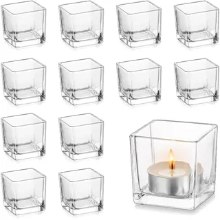 Hewory Teelichthalter Glas Teelichtgläser Eckig, 12er Klein Kerzengläser für Teelichter, Quadratisch Klar Teelicht Gläser Votivkerzenhalter für Hochzeitsdeko Tisch Wohnzimmer Tischdeko