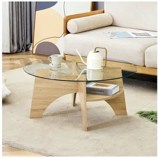 OKWISH Couchtisch Wohnzimmertisch Sofatisch (runder Glastisch Ø80 cm – Beistelltisch aus Sicherheitsglas mit MDF-Beinen Holzoptik, fächerförmigem Gestell und vielseitigem Einsatz), Kaffeetisch beige