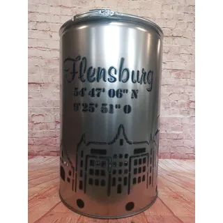 Fuchsbau Feuertonnen Feuertonne mit - Flensburg - Motiv - Gefertigt aus neuem Ölfass - Besondere Feuerstelle für Garten und Terrasse - Hohe Feuerschale mit Rostoptik - 90 x 60 cm