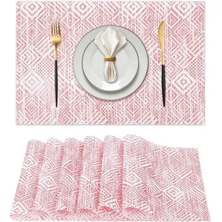 EDanle Vinyl-Kunststoff-Tischsets, waschbar, hitzebeständig, rutschfest, elegant, für Innen- und Außenbereich, Küche, Esszimmer, PVC, gewebt, 6 Stück (rot-rosa Quadrate)