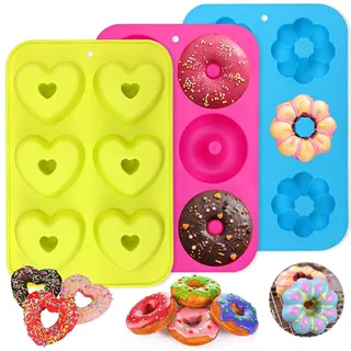 PHOGARY 3 Stück Silikon Donutformen, 6 Hohlräume Donut Backform Antihaft-Backblech, 260°C Hitzebeständig, für Kuchen, Kekse, Bagels, Muffins (Runde, Blumen und Herz)