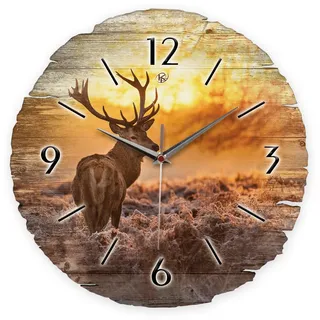Kreative Feder Runde Wanduhr „Hirsch“ aus Naturholz mit flüsterleisem Uhrwerk; Durchmesser 30cm (Hirsch, leises Quarzuhrwerk)