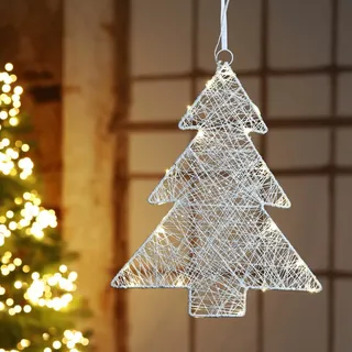 Tannenbaum mit LEDs Beleuchtet und schimmernden Partikeln in Weiß aus Metall