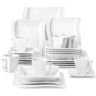 MALACASA FLORA Geschirr Set, 30-tlg Kaffeeservice für 6 Personen, Geschirrset Eckig aus Porzellan inkl. 6x Speiseteller, Dessertteller, Suppenteller, Kaffeetassen, Untertassen, Weiß