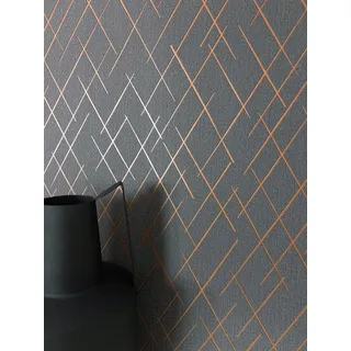 Newroom Tapete Anthrazit Vlies Grafik Linien - Modern Geometrisch Metallic Kupfer für Wohnzimmer Schlafzimmer