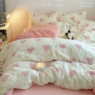 Sacebeleu Winter Bettwäsche 200x200 Plüsch Langhaar Flauschig Flanell Biber Bettbezug Rosa Weiß Herzen Winterbettwäsche Warme Bettbezug und 2 Kissenbezug 80x80cm mit Reißverschluss