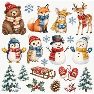 Wandtattoo Kinderzimmer Winterliche Waldtiere, 21er Set, Bär, Fuchs, Hase, Reh, Eule, Wandsticker selbstklebend und ablösbar, 50 x 50 cm - Bunt