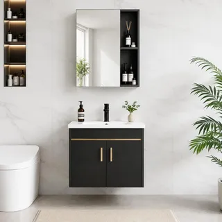 FGNIXLN Badmöbel Set Waschtisch mit Unterschrank 50 cm inkl. Spiegelschrank 50cm, Badmöbel Set mit Waschbecken, hängend, Moderne Badezimmer Möbel (Schwarz, 60x40CM)