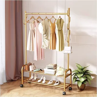 Mixfom Gold Kleiderständer, Garderobenständer mit Rollen, Garderobe miit Kleiderstange und 7 Haken, für Wohnzimmer, Schlafzimmer, Einfache Montage (Color : Gold, Size : 60cm)
