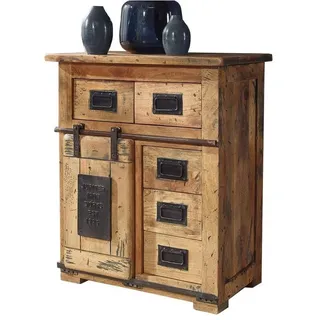 Massivart® Sideboard EMANUEL 70 cm / Massivholz Mango / 1 Rolltür, Türapplikation aus Gusseisen / Beschläge und Schienen aus Eisen beige