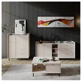 Lomadox Wohnzimmer-Set GORICA-133, (Mega-Spar-Set, 3-St., Sideboard Highboard Wandregale Couchtisch), in sandeiche mit fühlbarer Struktur, Metallgriffe goldfarben beige|braun