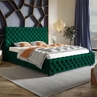 MOTIVENA Adelle Chesterfield Bett 160x200 Grün Samt, mit Stauraum, mit Kopfteil, mit Lattenrost, mit Füßen, ohne Matratze, Chesterfield Polsterbett 160x200 mit Bettkasten Grün (Dunkelgrün)