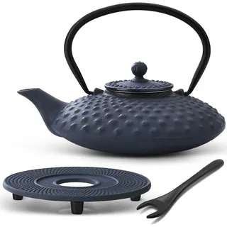 Bredemeijer Teekanne asiatisch Gusseisen Set 0.8 Liter - blaue Gusskanne mit Henkel & Edelstahl Tee-Filter Sieb-Einsatz für losen Tee & Untersetzer & Deckelheber