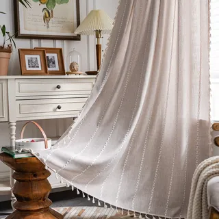 Sutuo Home Boho-Vorhang für Schlafzimmer, Wohnzimmer, 160 cm Länge, lichtfilternd, französisches Landhaus, Vintage, Shabby-Chic-Quasten, Fensterbehandlung, 1 Panel 132.1 cm Bx160 cm L, Taupe