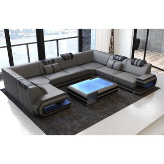 Sofa Dreams Wohnlandschaft Sofa Ledercouch Leder Ragusa U Form Ledersofa, Couch, mit LED, Designersofa grau|schwarz