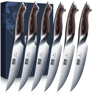 HOSHANHO Steakmesser 6-Teilig Set, Scharfe Ungezahnte Küchen Steakbesteck | Hochkohlenstoffhaltiger Edelstahl Steak Messerset mit Ergonomischem Griff, Ideal für Kochmesser