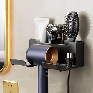 Haartrockner Halterung mit Kabelhalter, Haartrocknerhalter zur Wandmontage, Badezimmer Organizer-Aufbewahrung, Wand Ohne Bohren Föhn Halterung, für Baderzimmer Schlafzimmer Barbershop (Schwarz)