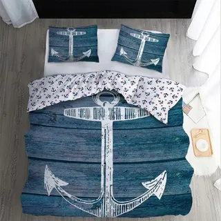 WQIZXCW Bettwäsche 140x200 2er Set, Anker Wendebettwäsche - 110gsm Weiche Microfaser, Maritim Bettbezug mit Reißverschluss und 1 Kissenbezug 70x90 cm