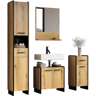 trendteam smart living Safiya Badmöbel Set Eiche/Schwarz mit Hochschrank, Waschbeckenunterschrank, Standschrank und Wandspiegel 154 x 190 x 34 cm Industrieller Stil