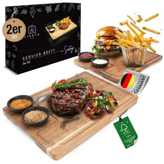 LIKAYA Servierbrett Servierbrett XXL Akazien-Holz 2er Set mit Saucen Schüsseln für Grill bunt