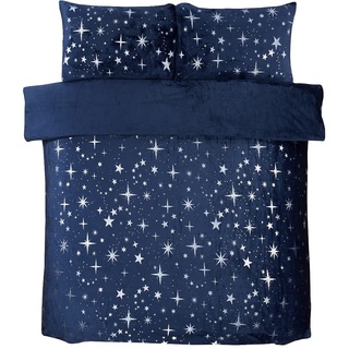 Sleepdown Bettwäsche-Set mit Kissenbezügen, verstreute Sterne, Fleece, einfarbig, warm, weich, kuschelig, für Einzelbett (135 x 200 cm), Blau