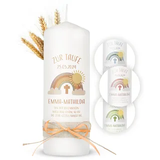 AMARI ® Personalisierte Boho Regenbogen Taufkerze (002.10.03) H:20cm/⌀:7cm - Taufkerze für Mädchen/Junge - Kerze gestalten - Taufe