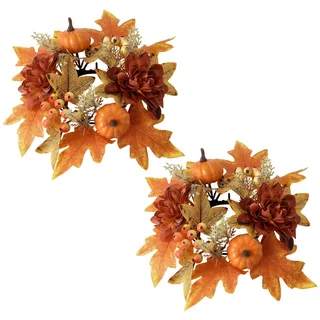 Herbstdeko Kerzenringe, 2 Stück Herbst Dekoration Kerzenkranz Ahornblättern kürbis Deko, Herbst Deko Kerzenringe für Stabkerzen, Kerzen Dekorative Kränze für Thanksgiving Innen Tisch Tischdeko (B)