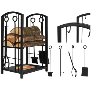 Kaminer Holzkorb Edelstahl mit Kaminbesteck schwarz