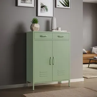 skølm Atria Kommode, mit 2 Fächern, Mintgrün, Stabiler Metallschrank | Sideboard, 2 Schubladen, Mehrzweckschrank, Industrial Highboard, Aufbewahrungsschrank/Flurschrank, Flexible Einlegeböden