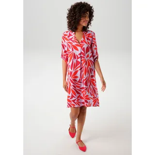 Blusenkleid ANISTON CASUAL, Damen, Gr. 36, N-Gr, lila (flieder, dunkelrot, orangeot), Web, Obermaterial: 100% Viskose, bedruckt, gemustert, figurumspielend kniefrei, V-Ausschnitt, Krempelärmel, Kleider Blusenkleid, mit farbharmonischen, grafischen Blätterdruck