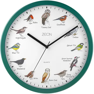 ZEON Birdsong CE4558 analoge Wanduhr mit stündlichen Vogelstimmen grün 29,5 cm