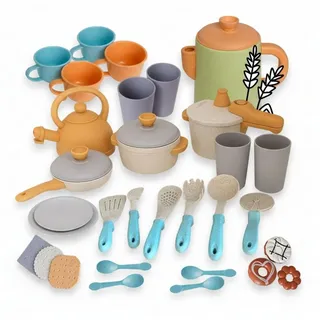 alldoro Spiel-Kochgeschirr Kaffeeservice mit Koch- und Geschirrset für die Kinderküche, 31-teilig, (31-tlg), Küchenspielzeug-Set für Kinder ab 3, mit Töpfen, Pfanne & Geschirr bunt