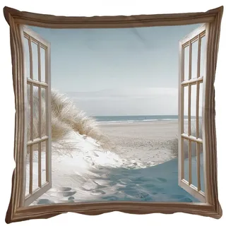 MuchoWow Dekokissen Aussicht - Hochgras - Dünen - Meer - Landschaft, Zierkissen mit Kissenfüllung, Deko, Sofakissen, 50x50 cm beige|blau 50 cm x 15 cm x 50 cm