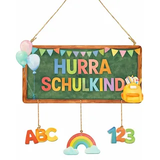 Einschulung Deko Holz Türschild Hurra Schulkind 30 x 15 cm mit ABC 123 Regenbogen Anhängern, Deko Einschulung Wanddeko Schulanfang Schuleinführung Schulstart für Junge Mädchen