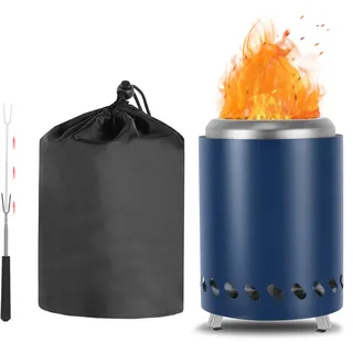 CAMPORG Tragbare Mini Feuerschale Edelstahl Camping mit Reisetasche, 14cm ⊘ * 20cm H Rauchfreie Feuerschale mit Gabel für 1-2 Personen Geeignet, Blau