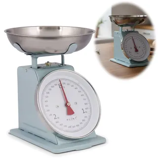 LS-LebenStil Vintage Küchenwaage Retro Blau Manuelle Analoge Backwaage großes Ziffernblatt mit 1L Edelstahl Schüssel ohne Batterie/Strom Küche Waage