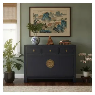 OPIUM OUTLET Kommode Sideboard Schrank Asia Möbel (BxTxH: 117x40x85 cm, Hochzeitsschrank Büffet Anrichte), chinesisch asiatisch orientalisch vintage komplett montiert blau