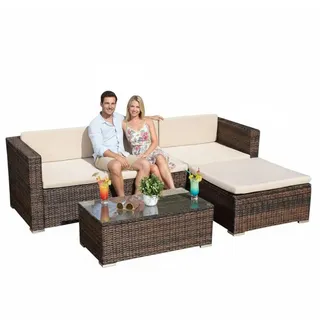 Melko Gartenmöbel Set Lounge Polyrattan Couch Tisch Hocker Stuhl Braun | Sitzgruppe mit abnehmbaren Bezügen der Auflagen, pflegeleicht für Terrasse, Wintergarten und Balkon, modular aufstellbar