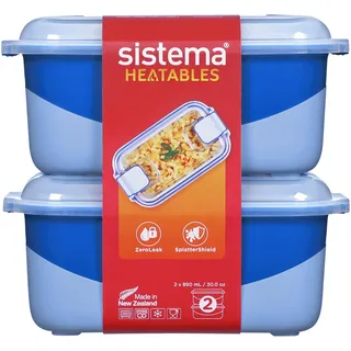 Sistema Heatables Microwave Food Containers | 890ml | Leakproof Meal Prep Containers with Lids | 2 Count | Lazuli Blue Rectangles