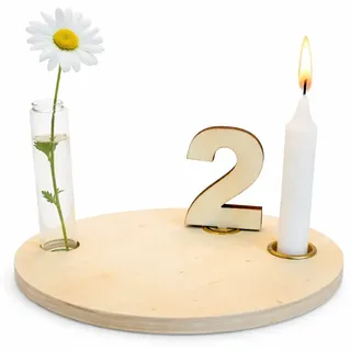 Personalisierbarer Geburtstagsteller aus Holz -DIY – Kinder Geburtstagsdeko mit Kerzenhalter, Vase und Zahlen – wiederverwendbarer Kerzenteller für Baby und Kinder – Ø 16 cm